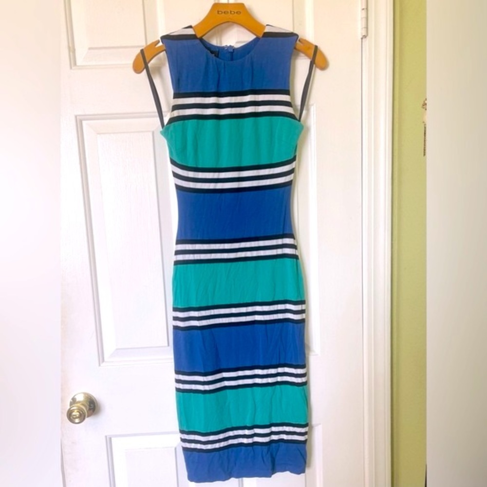 Bebe Multi Stripe Color Block Fitted Midi Dress S… - image 1